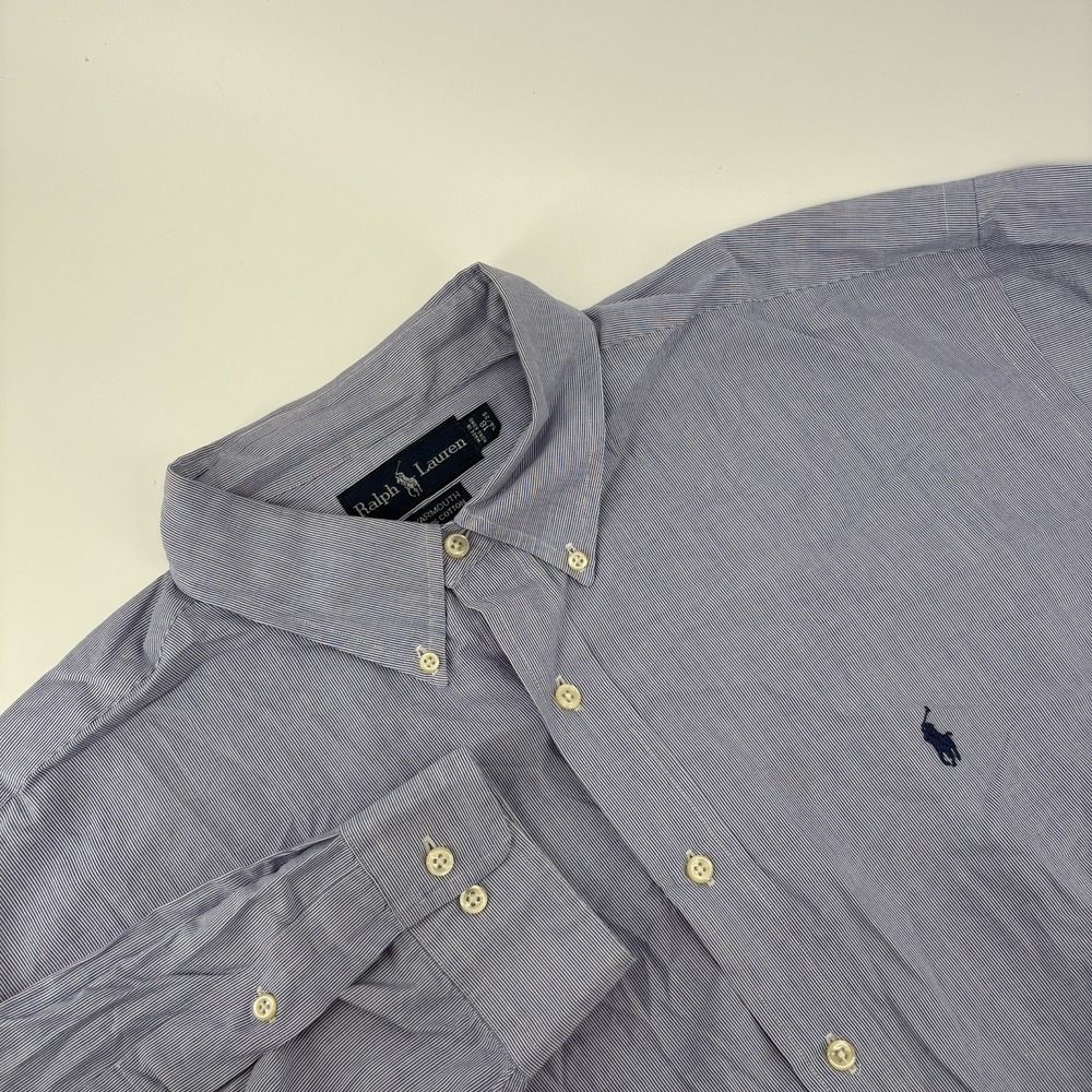 Ralph Lauren Shirt Men Size18-34/35 Blue Pin Stripe Yarmouth Button-Up Navy Pony